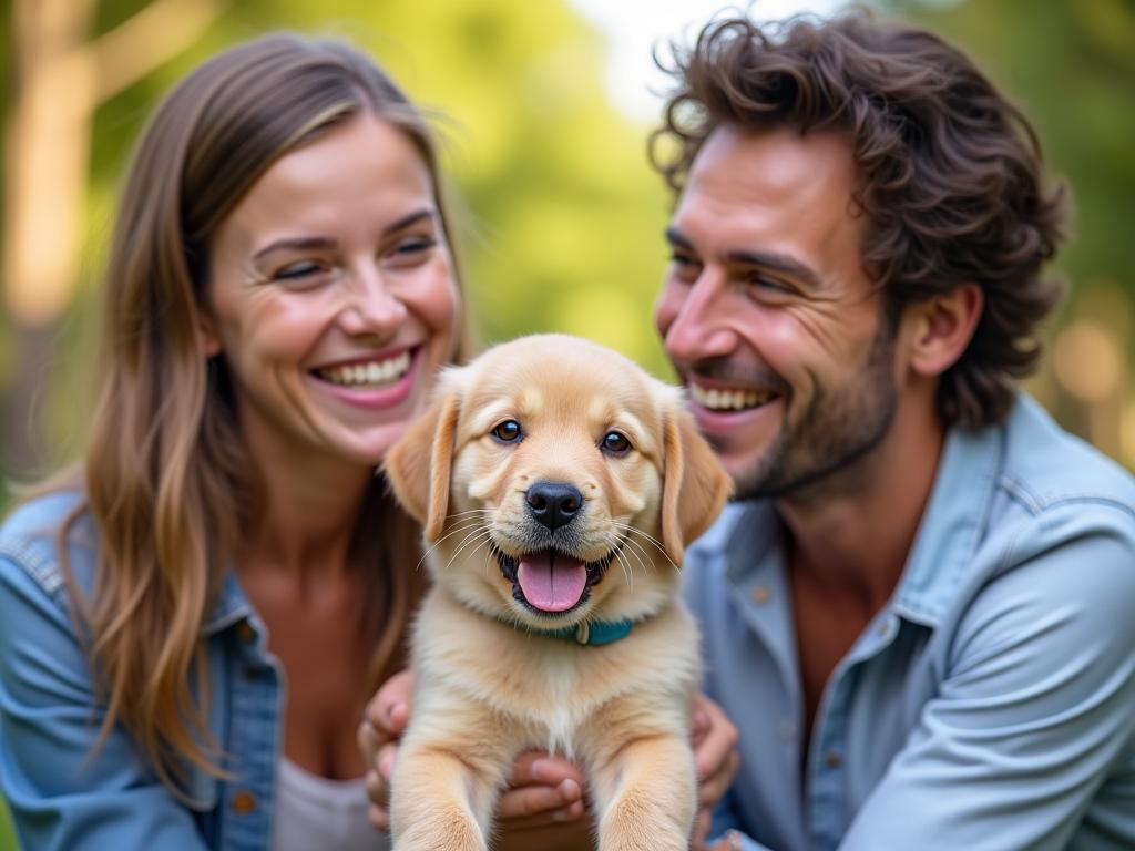 Famille heureuse accueillant un nouveau chiot lors d'une journée d'adoption responsable.