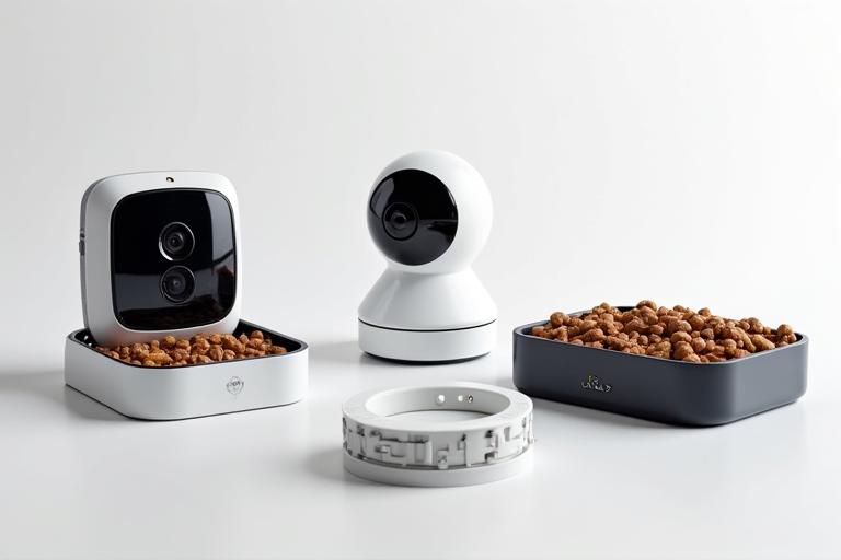 Collection de gadgets pour animaux : distributeur automatique, caméra connectée et traceur GPS.